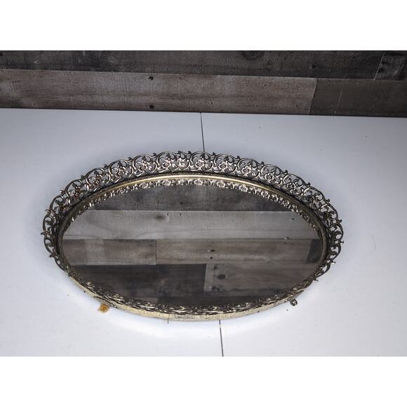Vintage Oval Brass Gold Tone Filigree footed Mirror Vanity Tray 14"L x 10"W - Picture 1 of 6